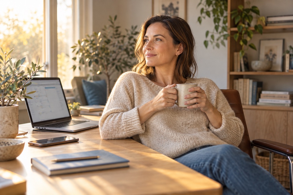 A woman relaxing at her desk with a mug of coffee, calm in the middle of a workday
