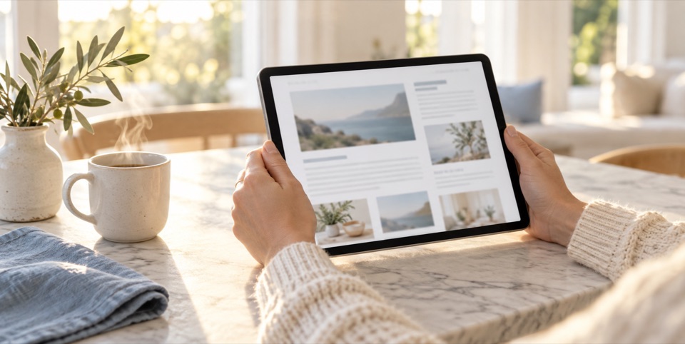 Hands holding a tablet open to a blog at a sunny kitchen table