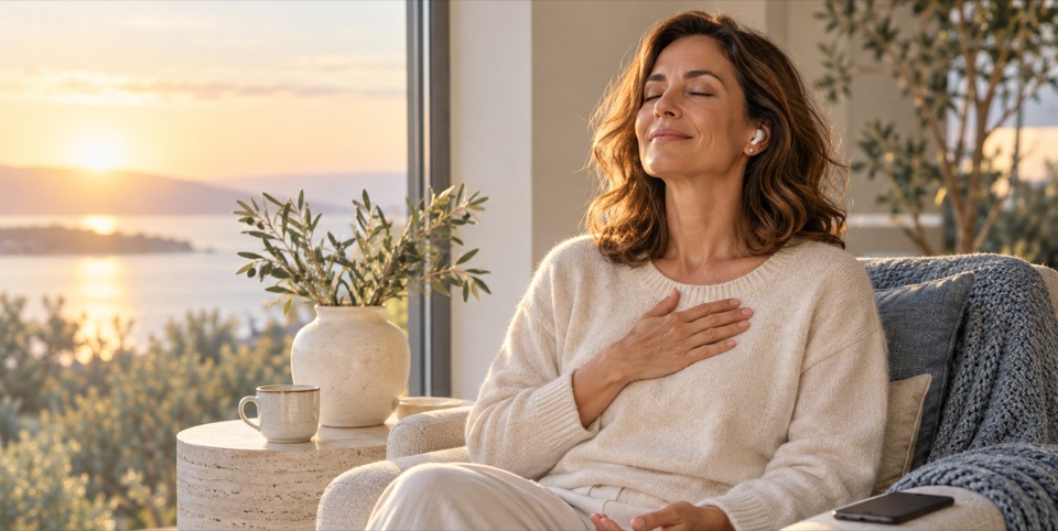 A woman resting one hand on her chest, eyes closed, practicing heart breathing