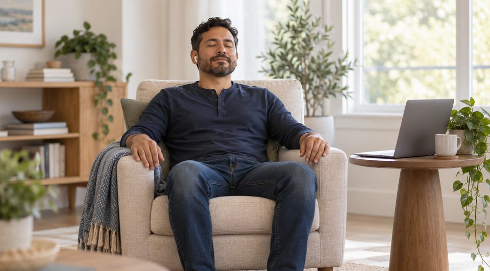 A man resting in an armchair at home with earbuds in and eyes closed during an online hypnosis session