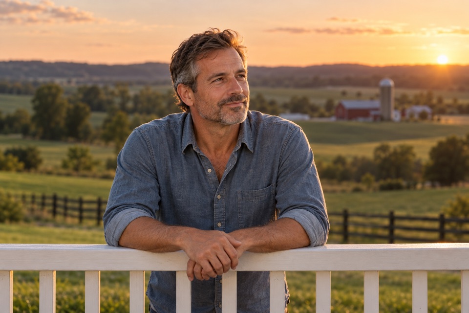A man leaning on a porch railing at sunset, looking out over Lancaster County farmland