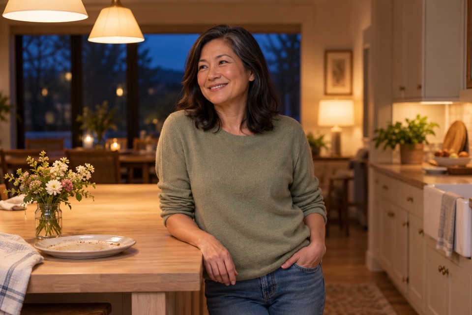 A woman relaxing against her kitchen island after dinner, smiling